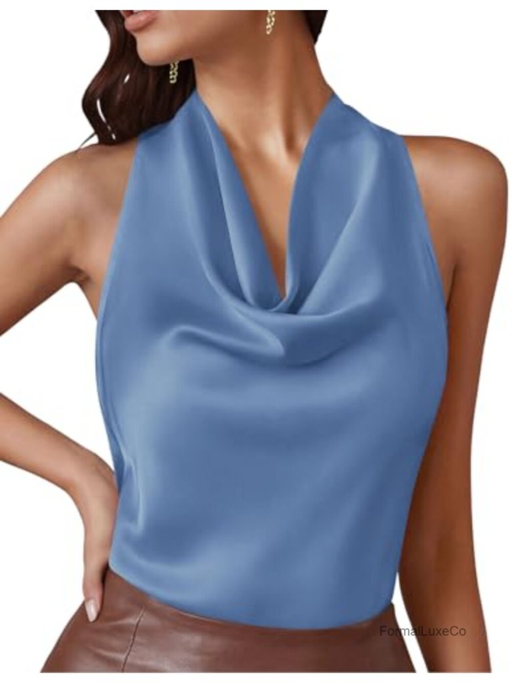 Satin Halter Top Sleeveless Cowl Neck Backless Tie Back Dressy Casual